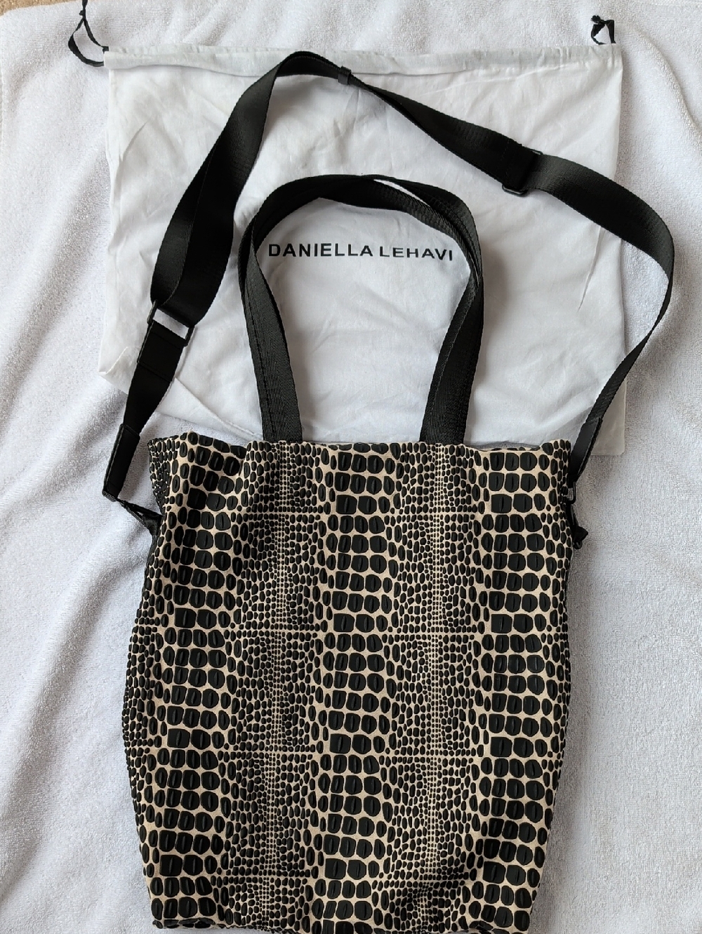 Daniella Lehavi black and cream textured "croc" pattern tote